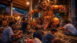 Young Man Creating Ogoh-ogoh at banjar